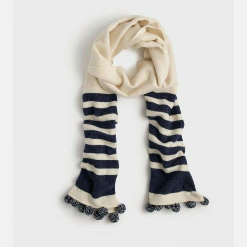 Rare! NWT 2016 J. Crew Striped Scarf With Pom Pom Ivory Navy 100% Wool